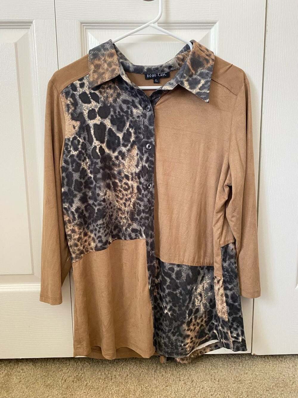 Boho Chic Women's Size L Leopard Print Patchwork Button Down Shirt